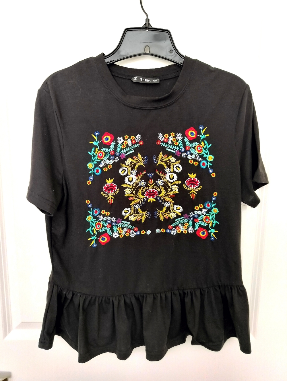 SHEIN Girls 8 Black Short Sleeve Peplum Top with Colorful Floral Embroidery